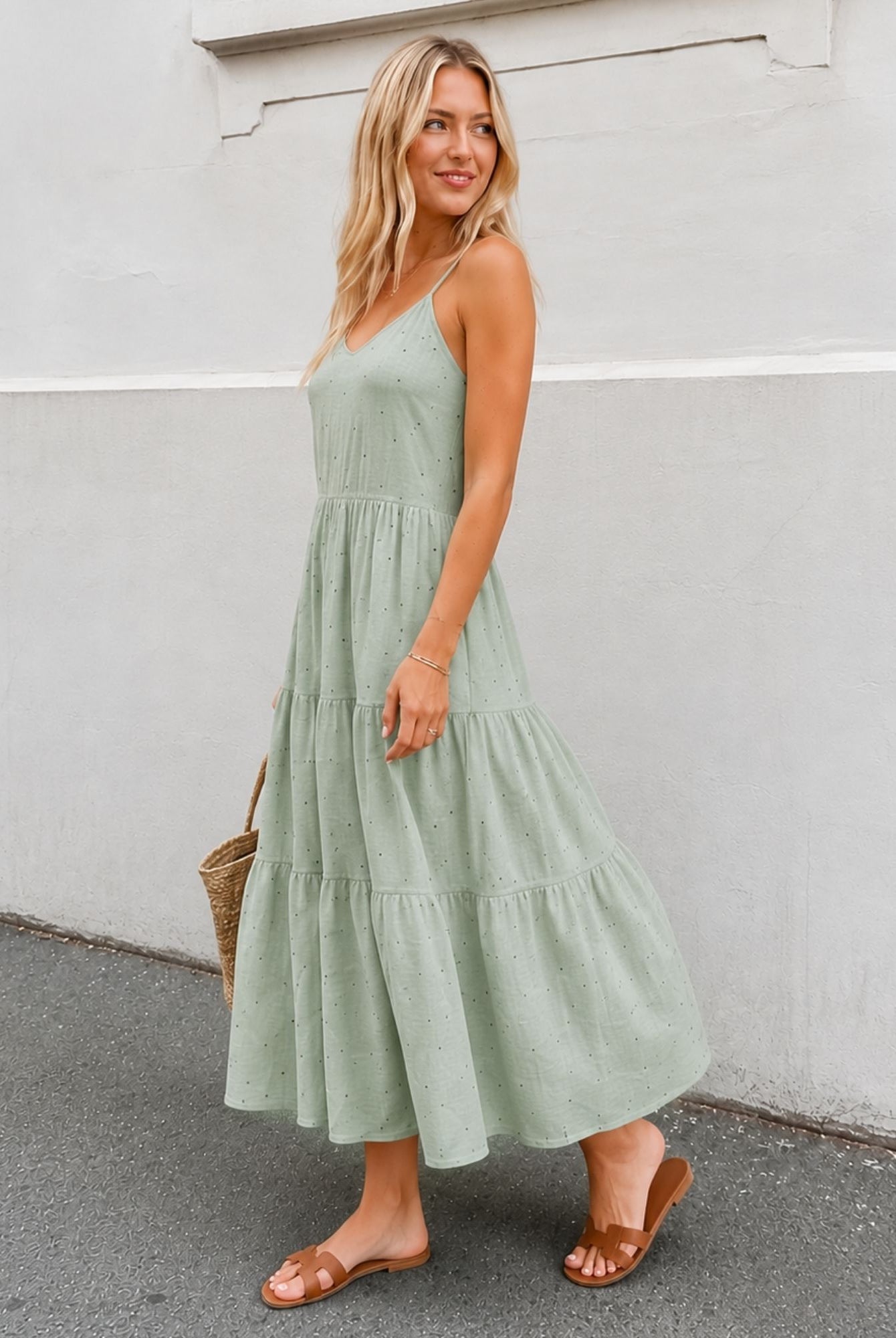 Women's sage spot dress styled outfit by Esther & Co