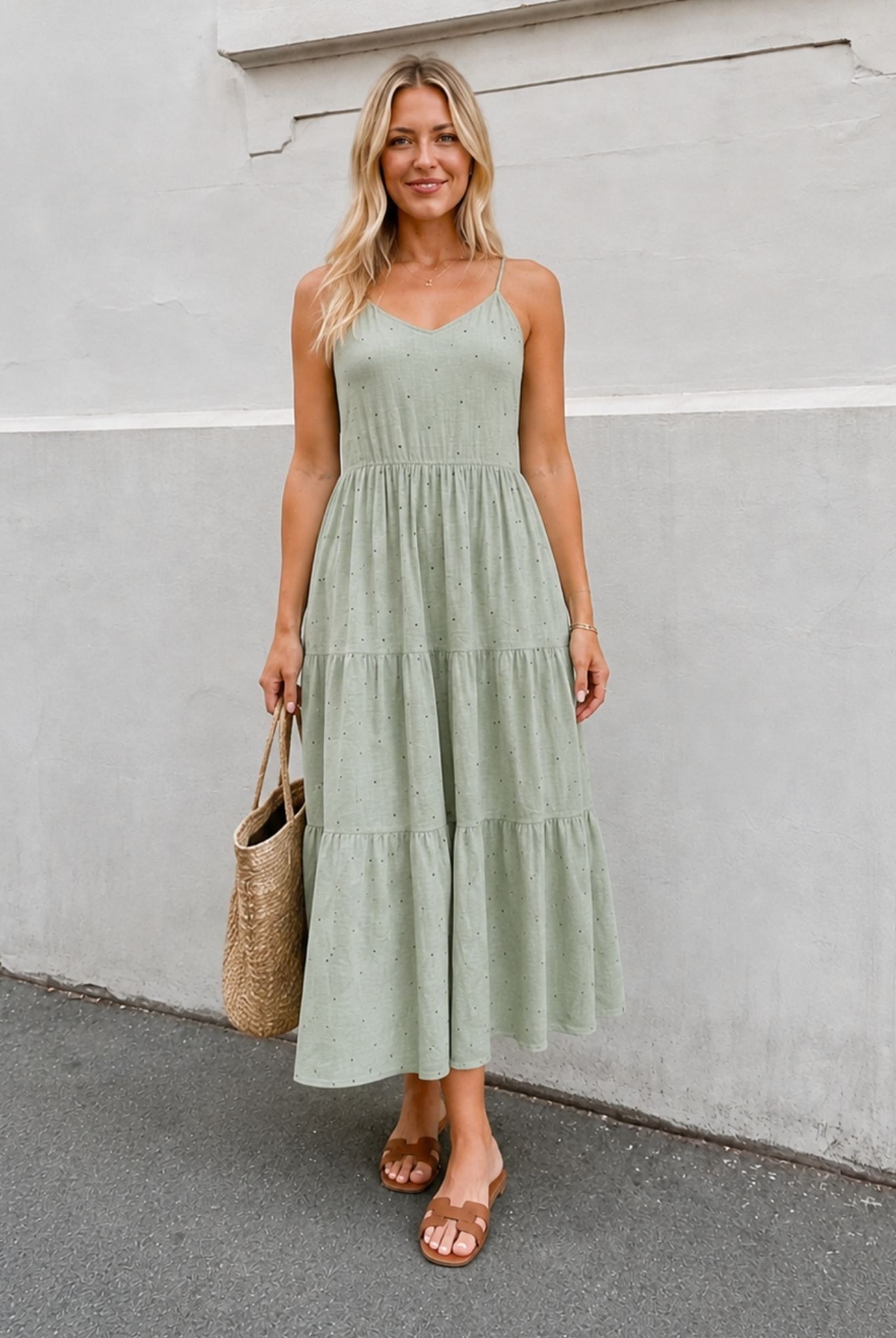 Women's sage spot print dress full length view by Esther & Co