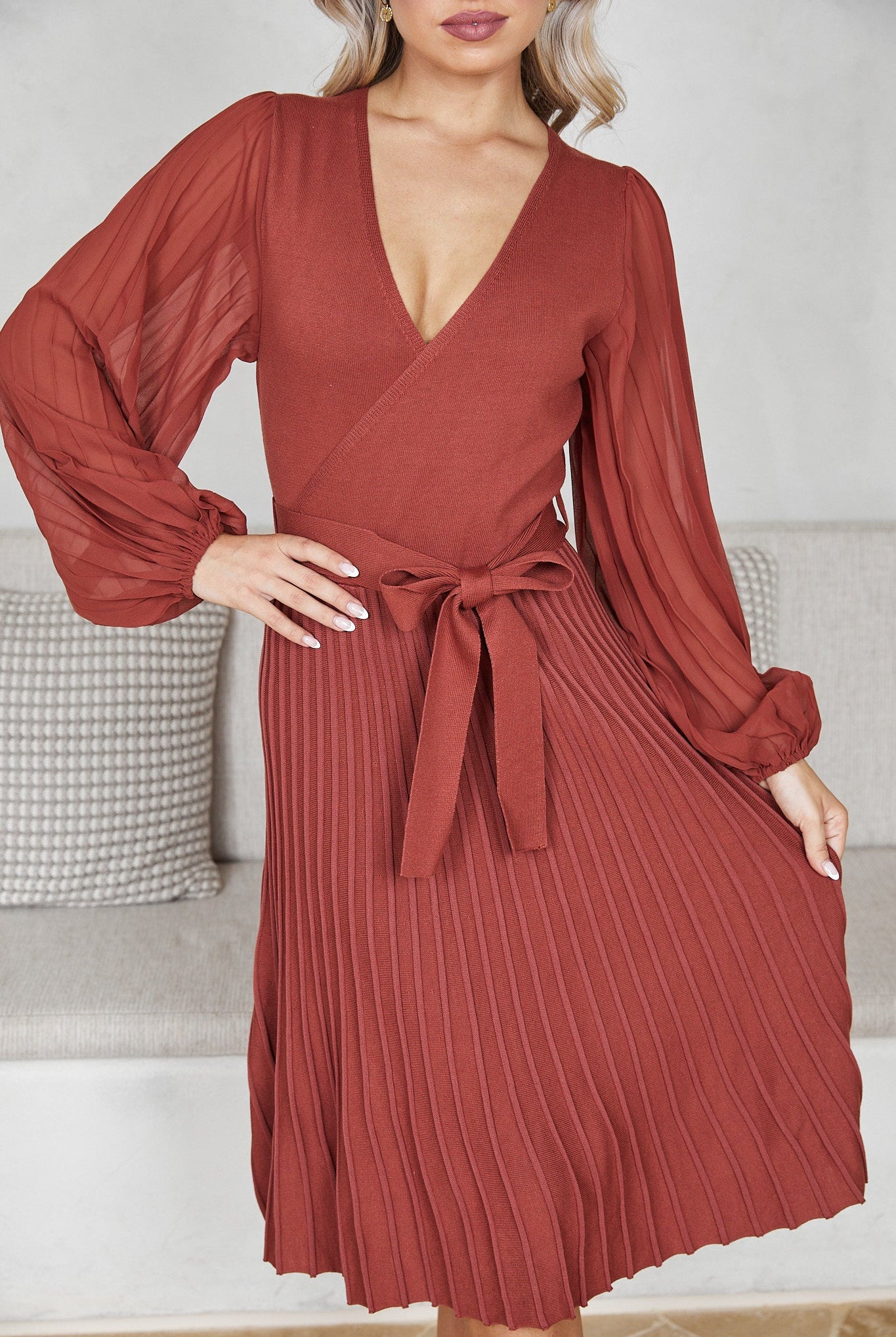 Women's rust midi dress side view by Esther & Co