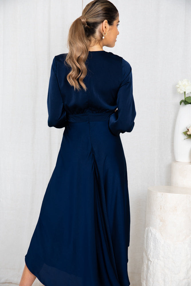 Women's navy formal satin midi dress front view by Esther & Co