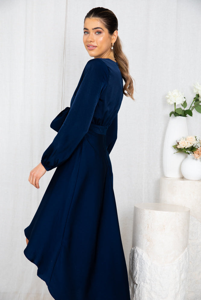 Women's navy satin midi dress styled outfit by Esther & Co