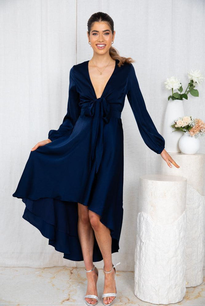 Women's navy formal satin midi dress, the Bryleigh Dress in Navy by Esther & Co