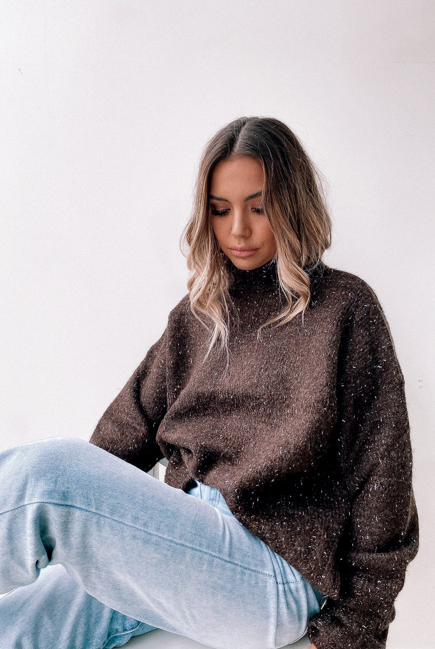 Chesterfield Jumper in Chocolate womens chocolate knit jumper styled outfit