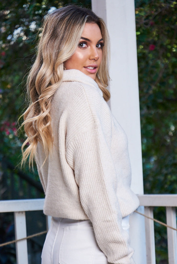 Merete Knit in Beige beige knit jumper with contrasting rib full length