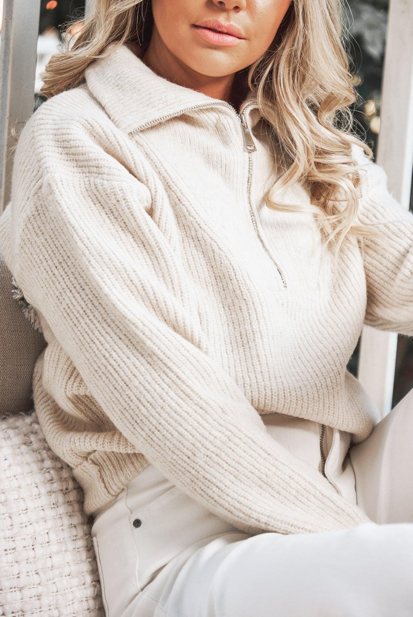 Merete Knit in Beige womens beige knit jumper close up detail