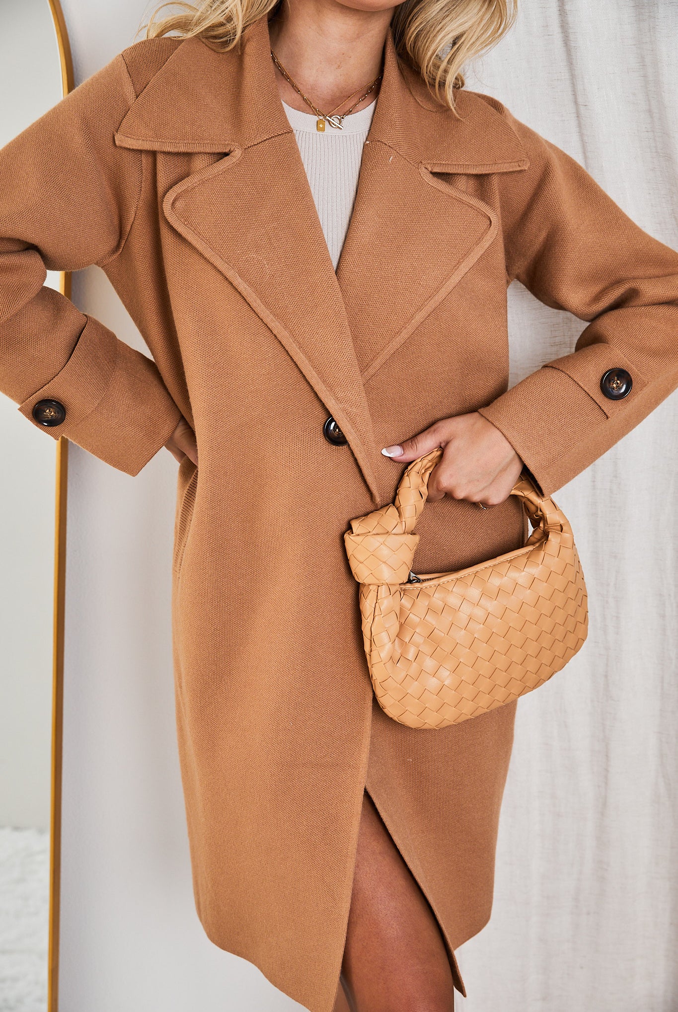 Fireplace Coat in Camel camel knit coat styled look back view