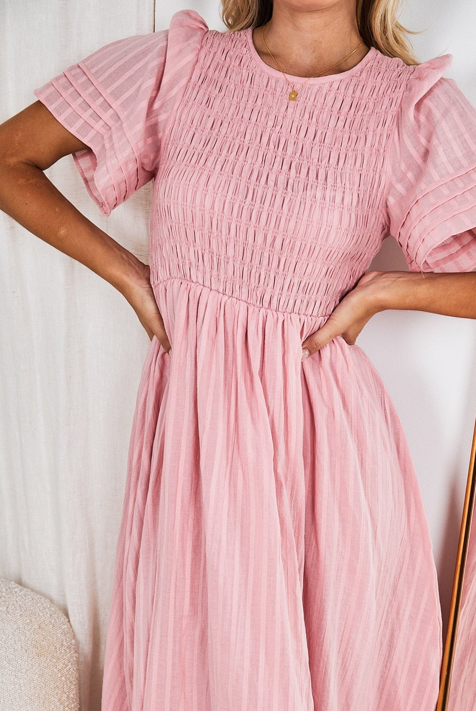 Iolana Dress in Pink womens pink midi dress styled look