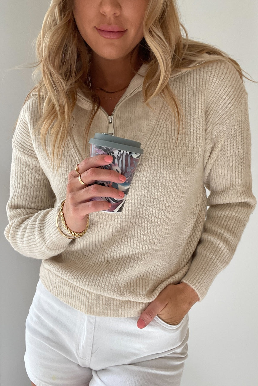 Merete Knit in Beige beige high collar knit with zip detail side view
