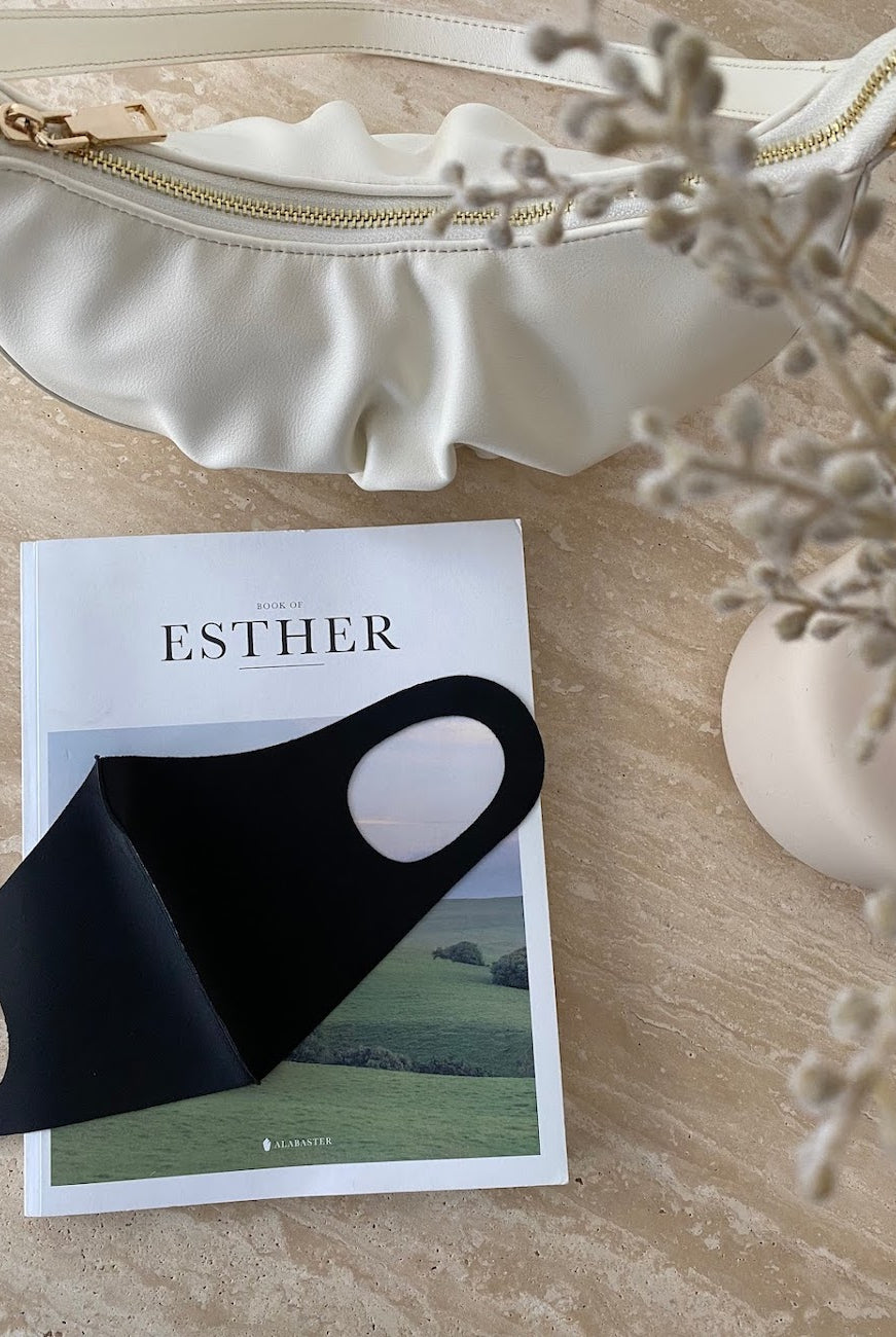 Women's black washable face mask, styled view by Esther & Co