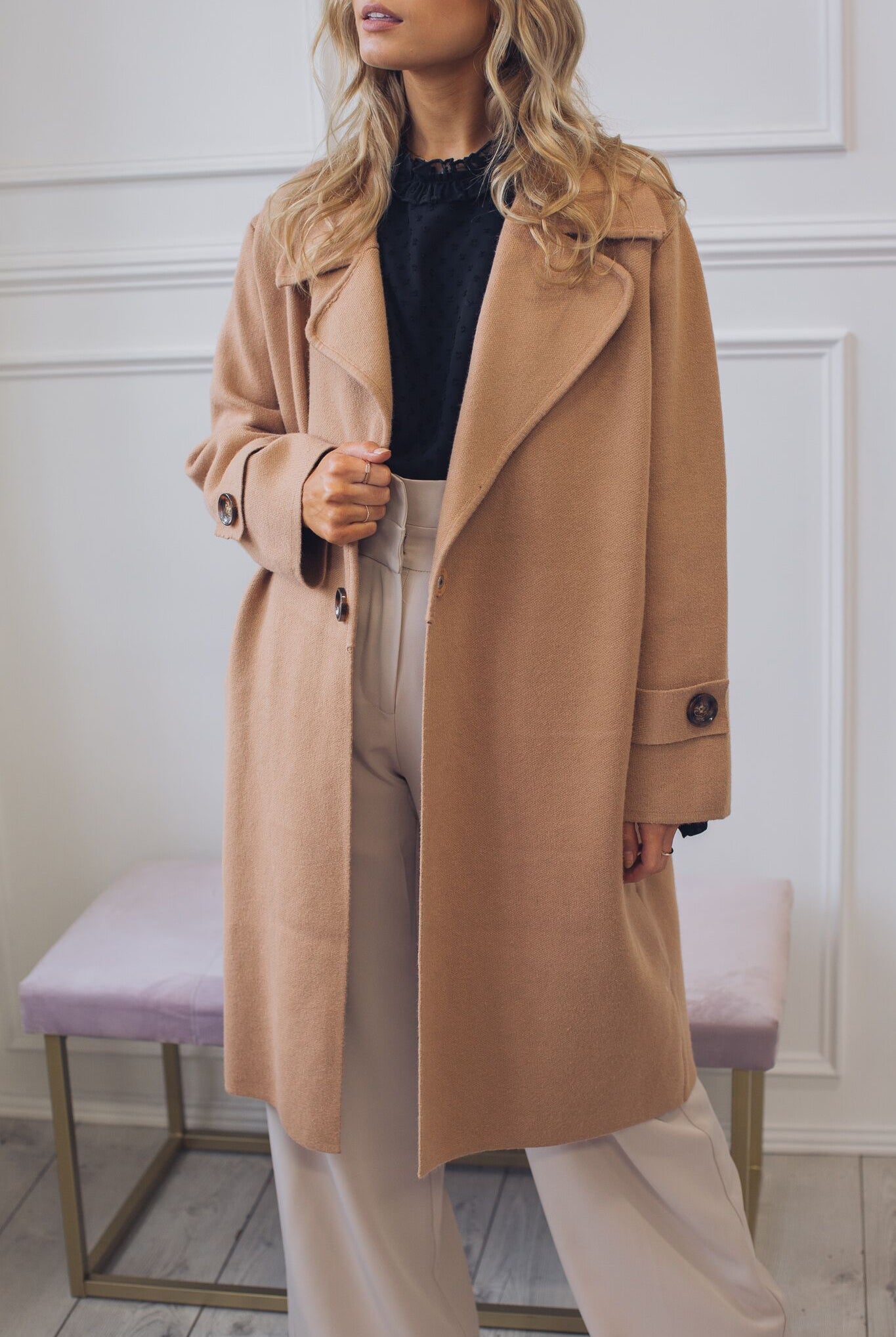 Fireplace Coat in Camel camel knit trench coat full length view