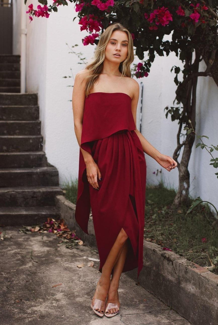 Fleur Strapless Dress - Burgundy-Dresses-Esther Luxe-ESTHER & CO.