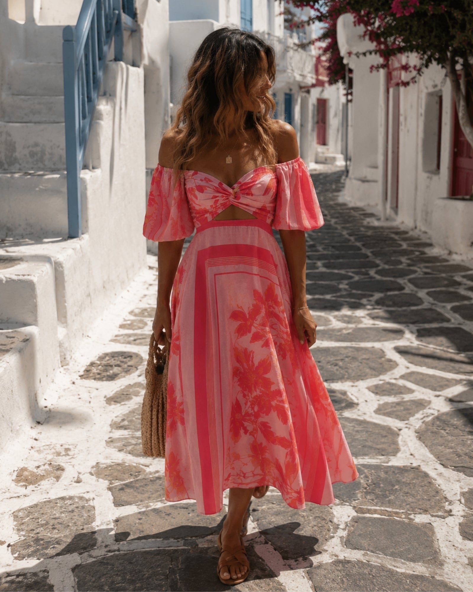 Women's pink floral linen midi dress, the Bella Dress in Pink Floral by Esther & Co