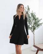 Marifi Knit Dress in Black black ribbed knit bodice with pleated midi skirt full length