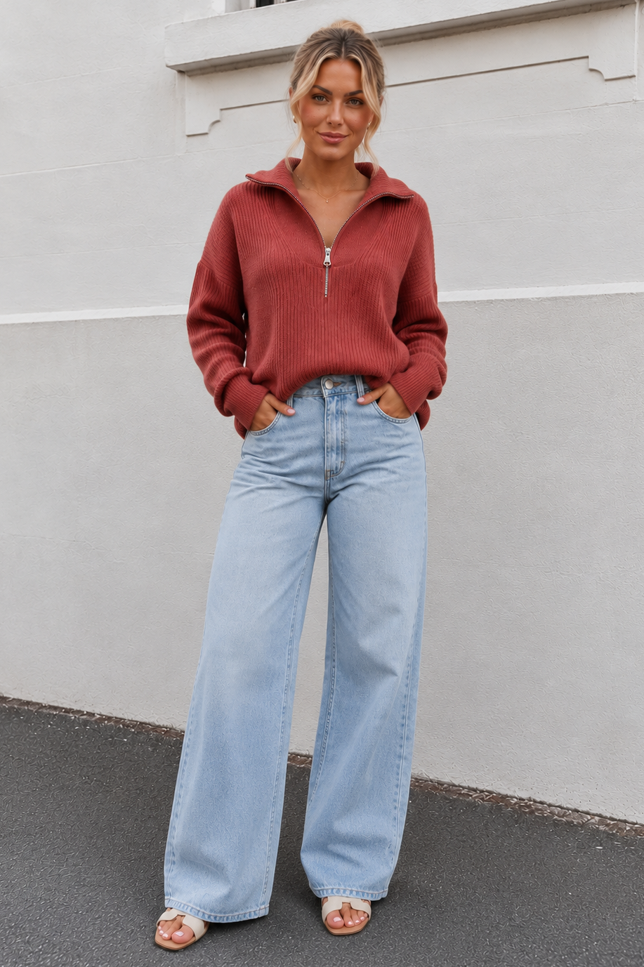 Women's brick high collar quarter zip knit jumper, the Merete Knit in Brick by Esther & Co