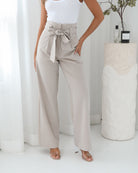 Alma Pants in Beige womens wide leg trousers in classic neutral beige front view
