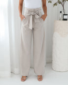 Alma Pants in Beige neutral beige wide leg pants full length view