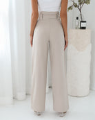 Alma Pants in Beige womens beige wide leg trousers styled outfit