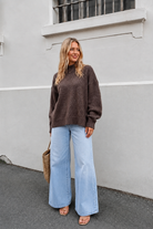 Women's chocolate turtleneck knit jumper detail view by Esther & Co