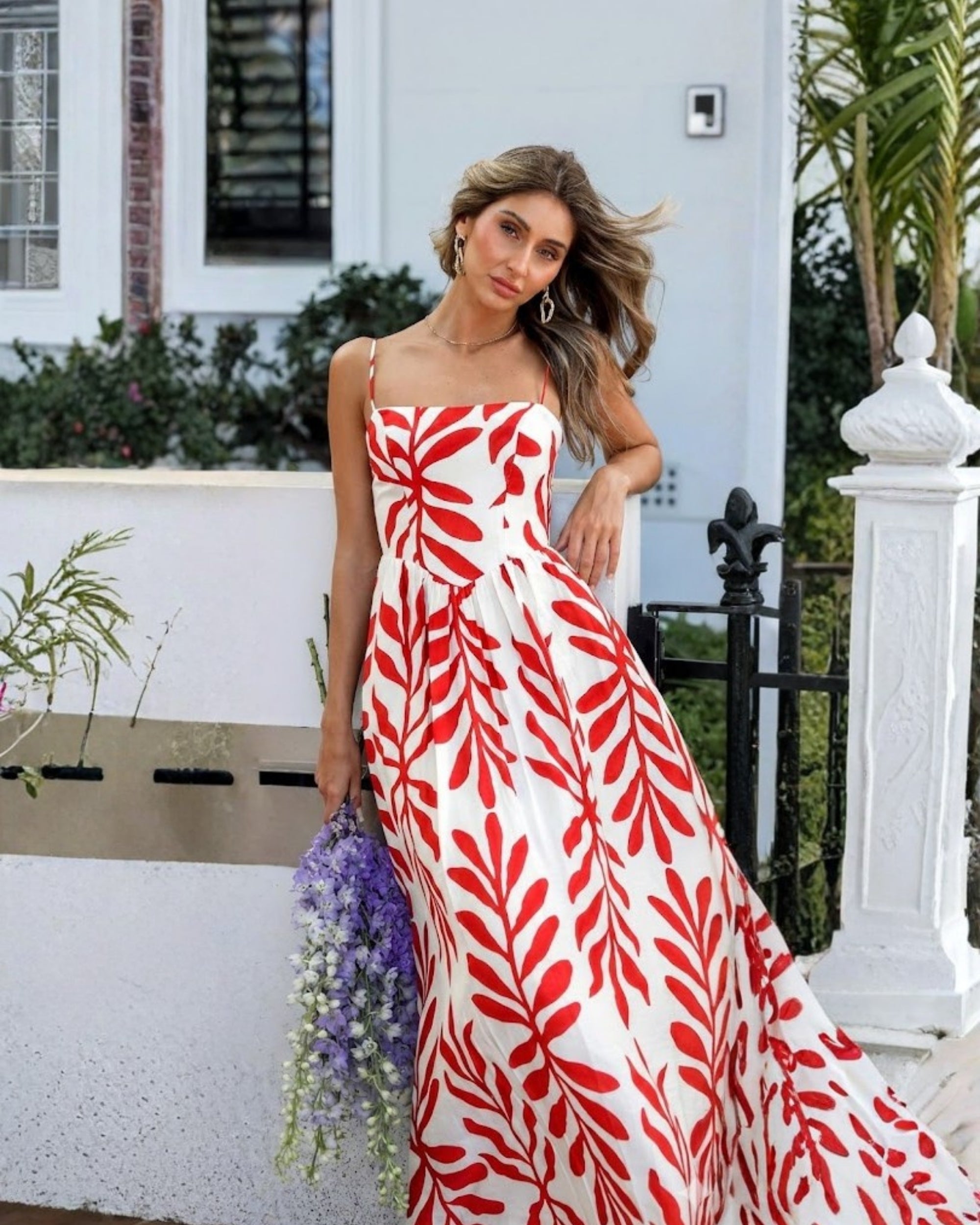 Women's red print midi dress front view by Esther & Co