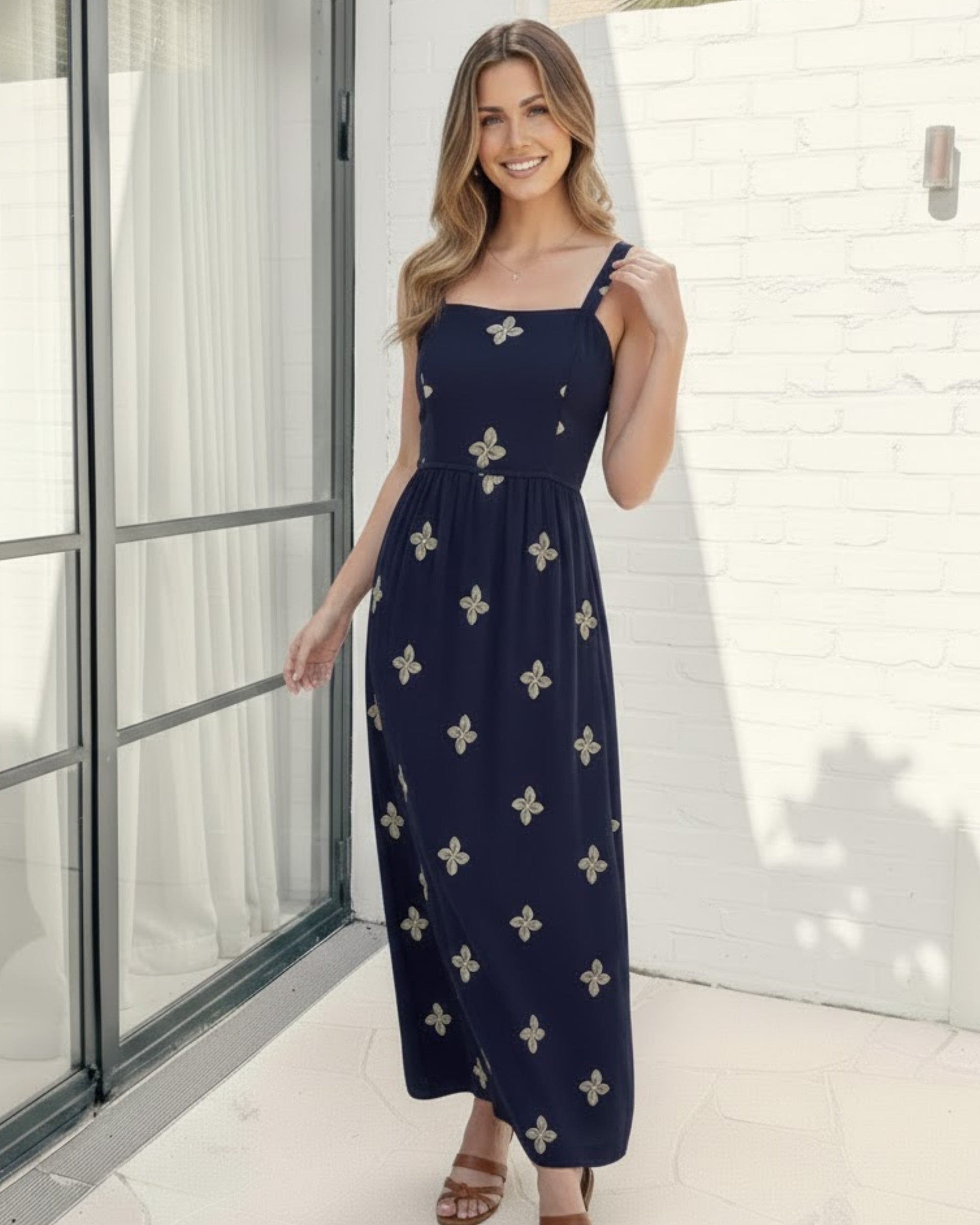 Women's navy floral print maxi dress full length view by Esther & Co
