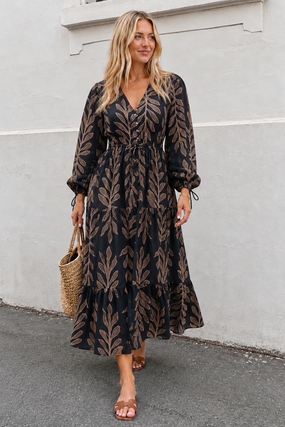 Women's black floral print midi dress with pleated neckline, the Rosenthal Dress in Black Flora by Esther & Co