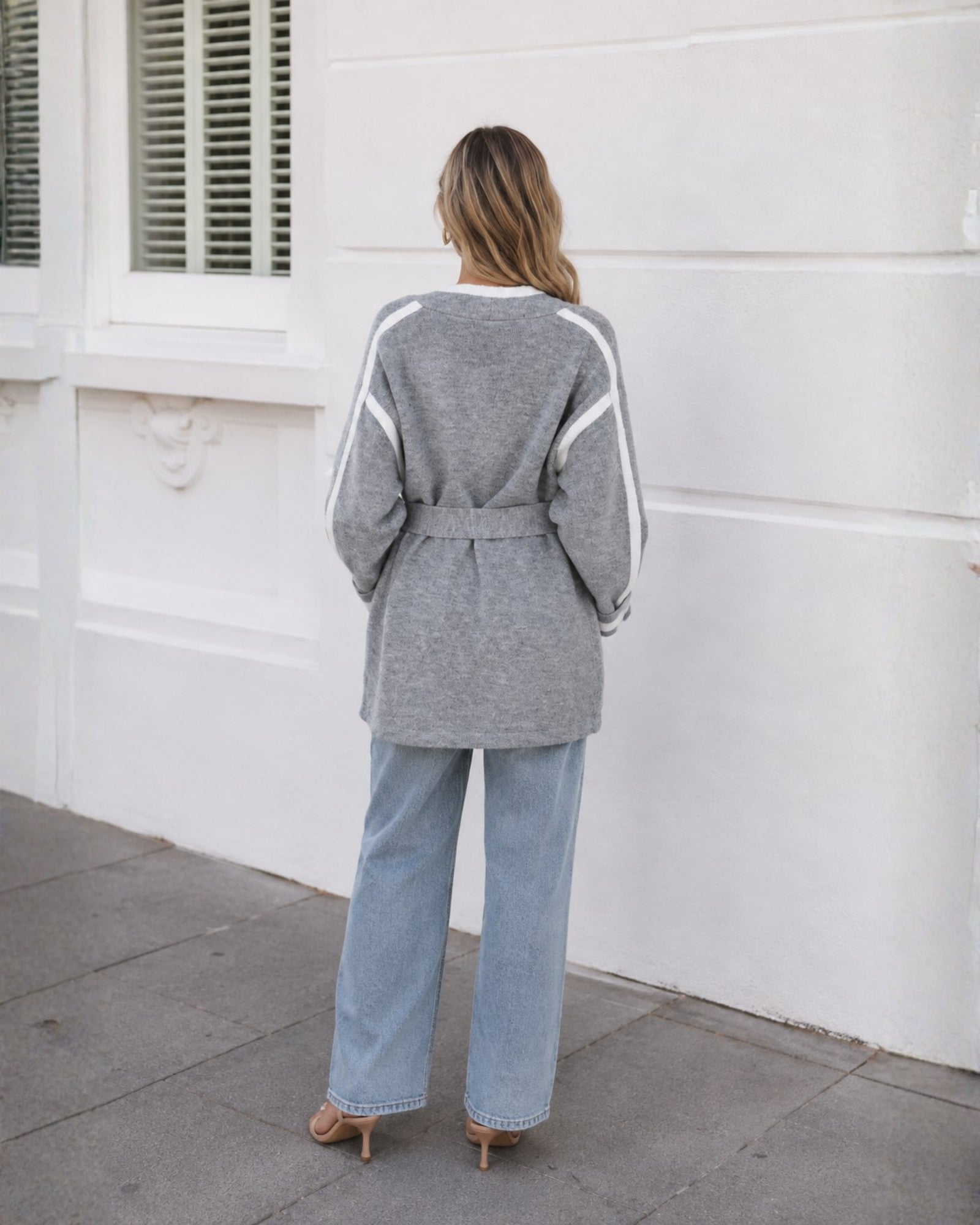 Women's grey print coatigan side view, the Adelle Coatigan in Grey Print by Esther & Co