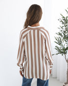 Alayah Shirt in Brown Stripe brown striped rayon shirt full length view