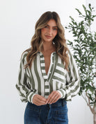 Alayah Shirt in Green Stripe womens green stripe shirt close up collar and button detail