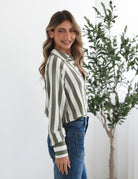 Alayah Shirt in Green Stripe green stripe womens button-up shirt back view