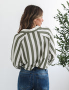 Alayah Shirt in Green Stripe womens green stripe button-up shirt styled outfit
