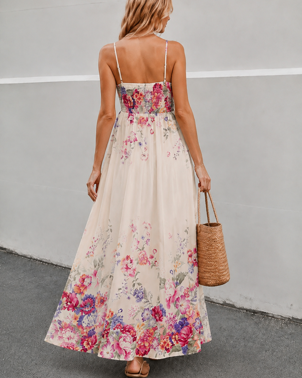 Women's cream square neck floral print maxi dress, the Alouette Dress in Pearl Bouquet by Esther & Co