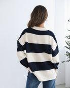 Alisson navy multi Bonjour slogan knit, detail view