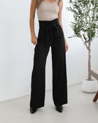 Alma Pants in Black womens wide leg trousers with paperbag high waist front view