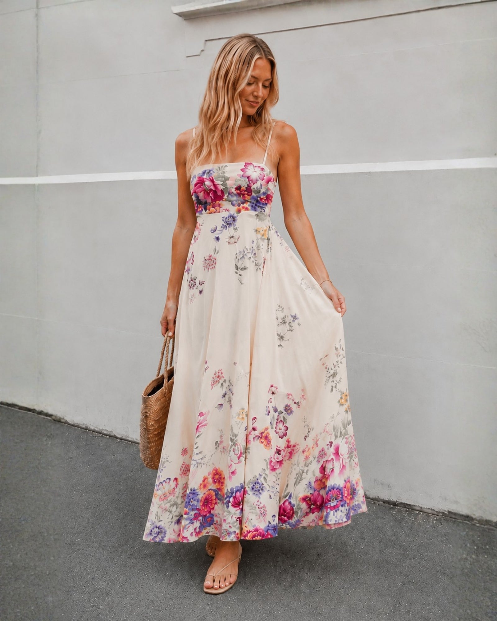 Women's cream square neck floral print maxi dress, the Alouette Dress in Pearl Bouquet by Esther & Co