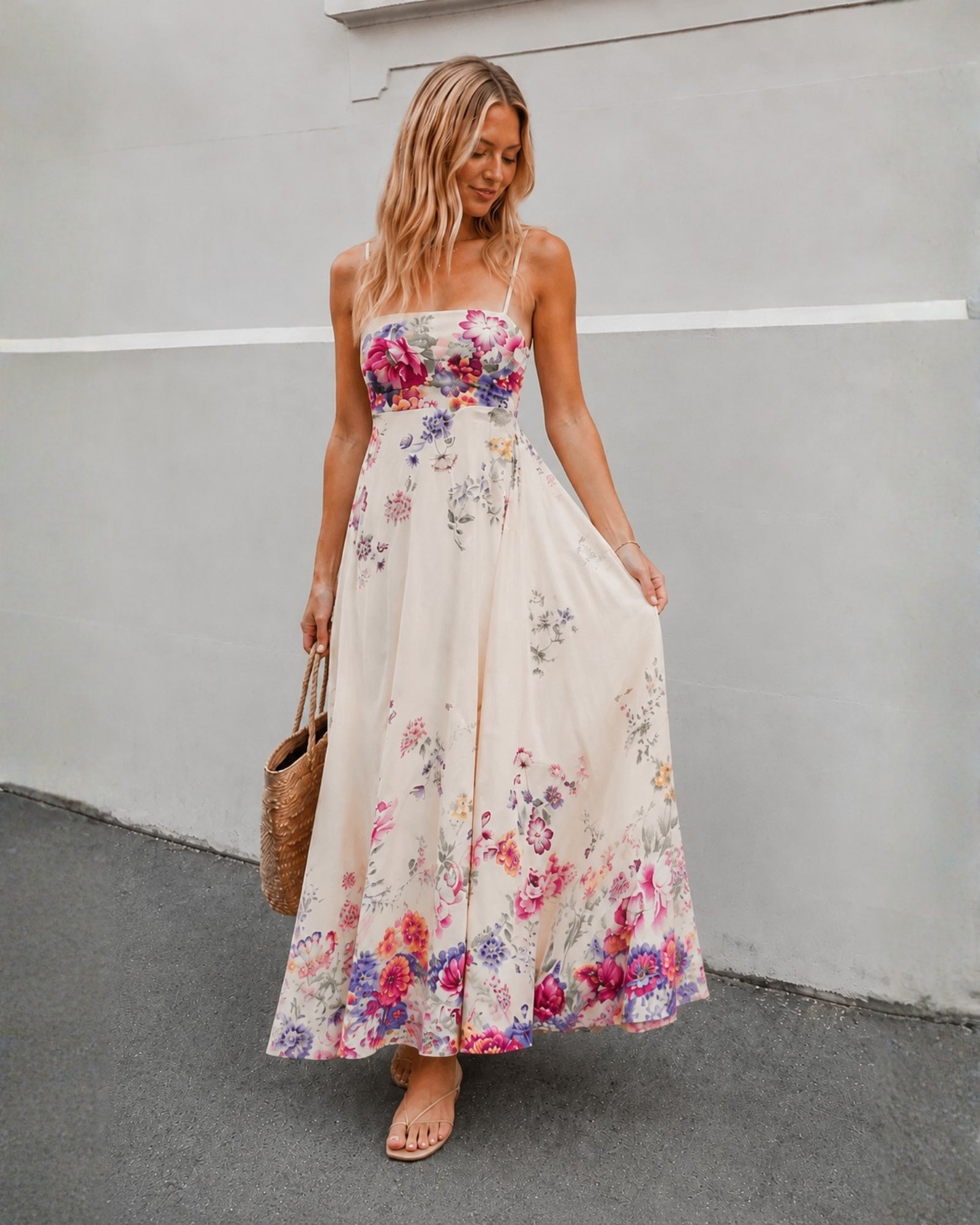 Women's cream and pink floral print maxi dress with a square neckline, the Alouette Dress in Pearl Bouquet by Esther & Co