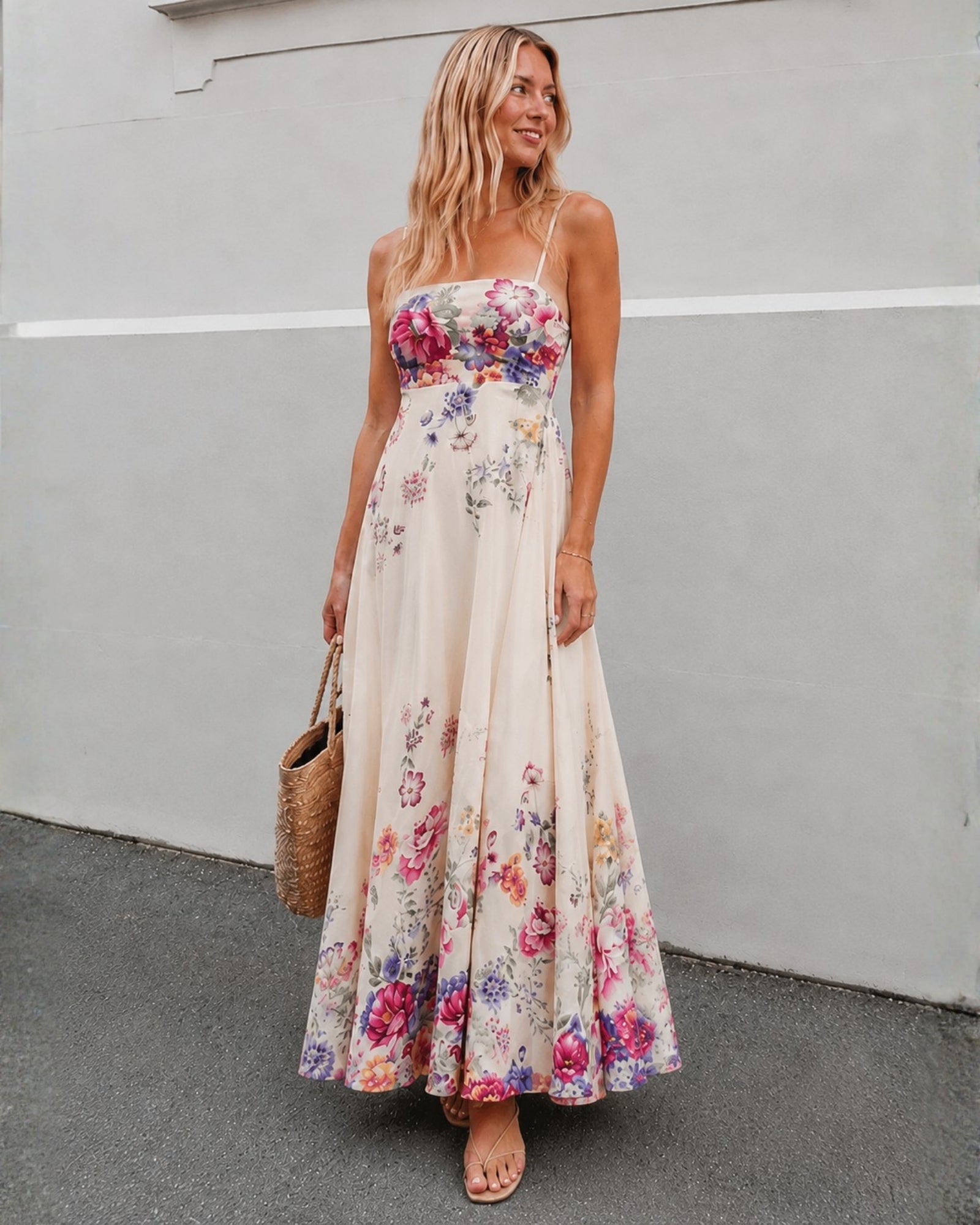 Women's cream floral print maxi dress with a shirred back, the Alouette Dress in Pearl Bouquet by Esther & Co