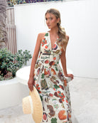 Women's beige print sleeveless halter maxi dress by Esther & Co