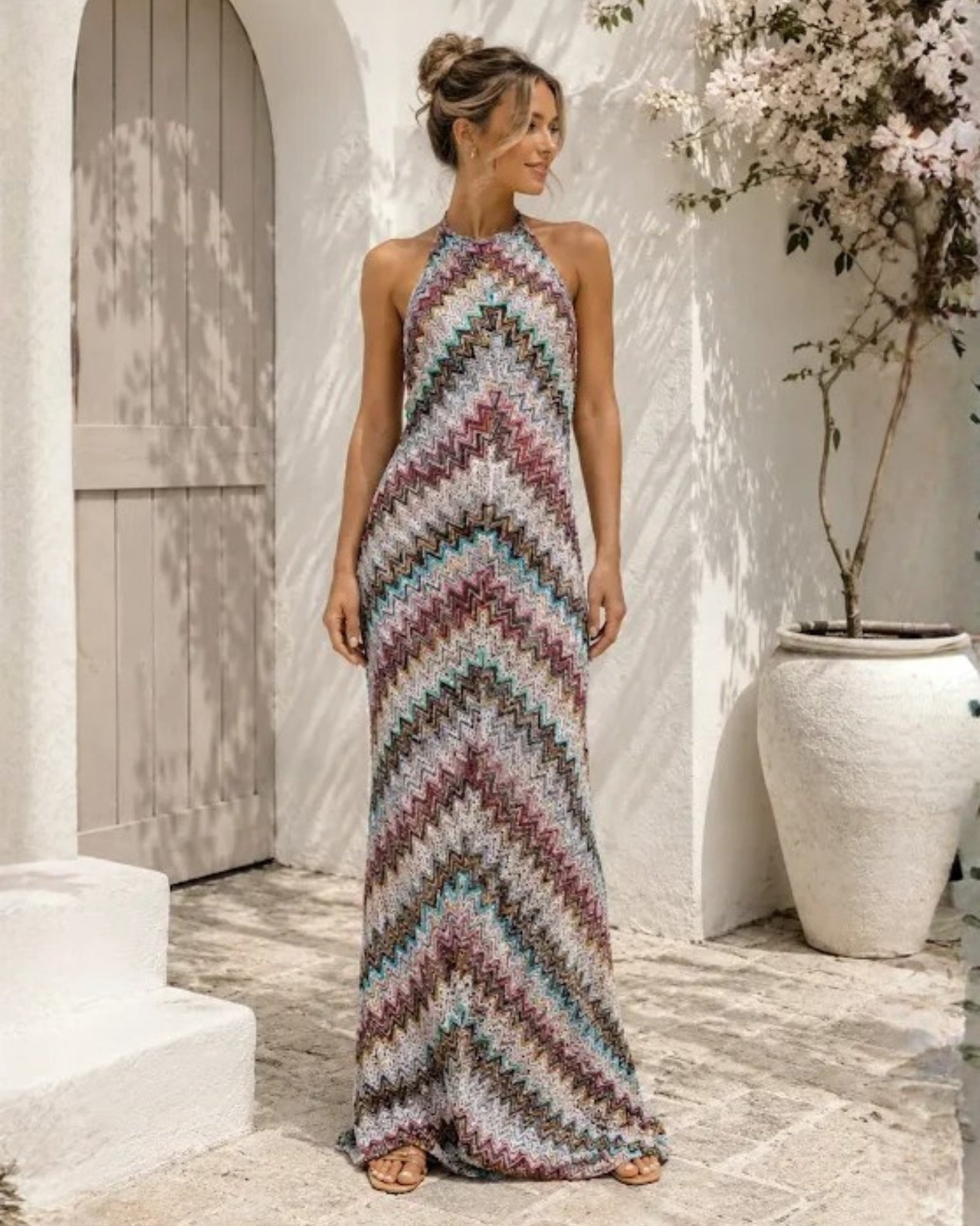Women's cream halter neck knit maxi dress, the Amélie Dress in Dreamy Chevron by Esther & Co