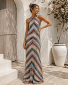 Women's cream halter neck knit maxi dress front view, the Amélie Dress in Dreamy Chevron by Esther & Co