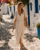 Women's oat stripe button front midi dress, the Analise Dress in Oat Stripe by Esther & Co