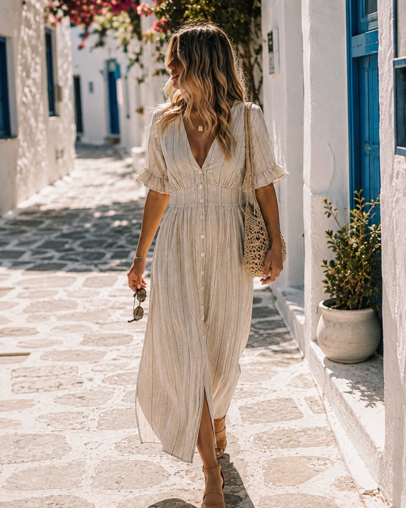 Women's oat stripe button front midi dress, the Analise Dress in Oat Stripe by Esther & Co