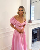 Anvika Dress in Powder Pink powder pink off-shoulder sweetheart maxi dress full length