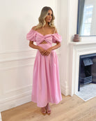 Anvika Dress in Powder Pink womens cotton maxi dress with sweetheart neckline and off-shoulder frills front view