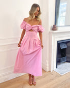Anvika Dress in Powder Pink powder pink sweetheart maxi dress back view