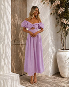 Women's lilac off shoulder pleated midi dress, the Anvika Dress in Lilac by Esther & Co