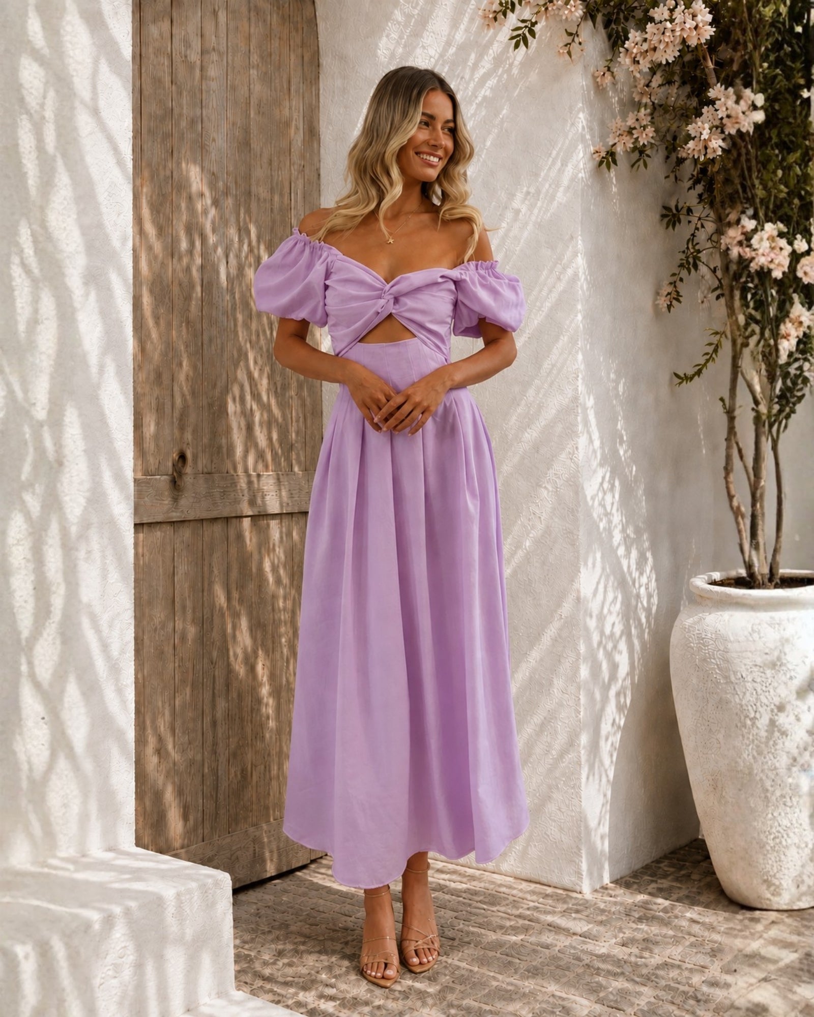 Women's lilac off shoulder pleated midi dress, the Anvika Dress in Lilac by Esther & Co