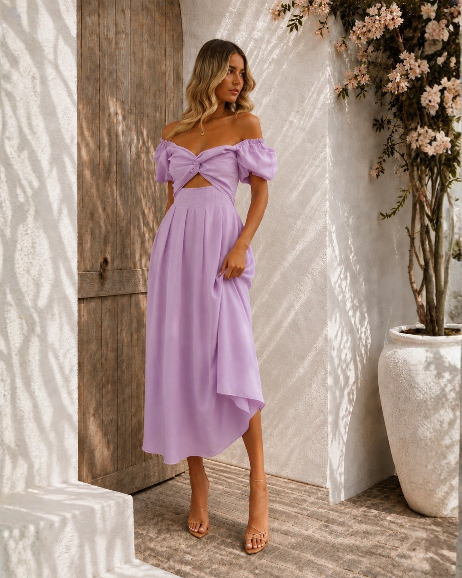 Women's lilac off shoulder pleated midi dress, the Anvika Dress in Lilac by Esther & Co