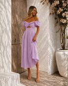 Women's lilac off shoulder pleated midi dress, the Anvika Dress in Lilac by Esther & Co