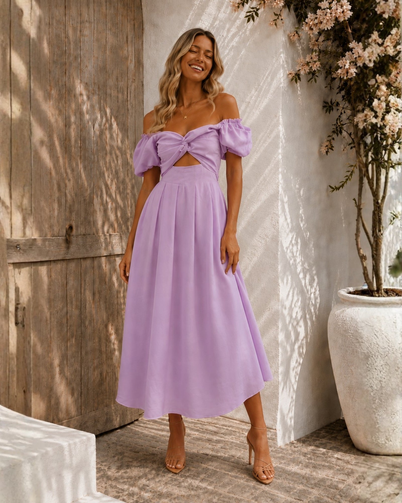 Women's lilac off shoulder pleated midi dress, the Anvika Dress in Lilac by Esther & Co