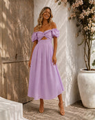 Women's lilac off shoulder pleated midi dress, the Anvika Dress in Lilac by Esther & Co